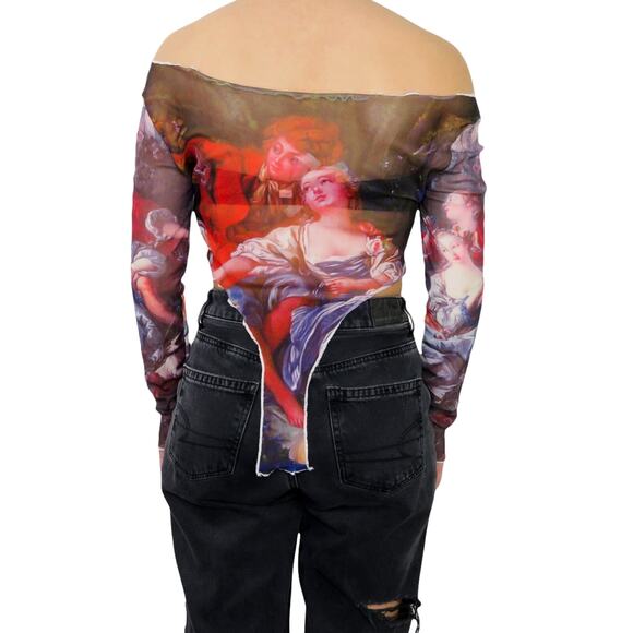 Shein Abstract Renaissance Off Shoulder Long Sleeve Mesh Top Funky Sexy Small - Picture 7 of 8